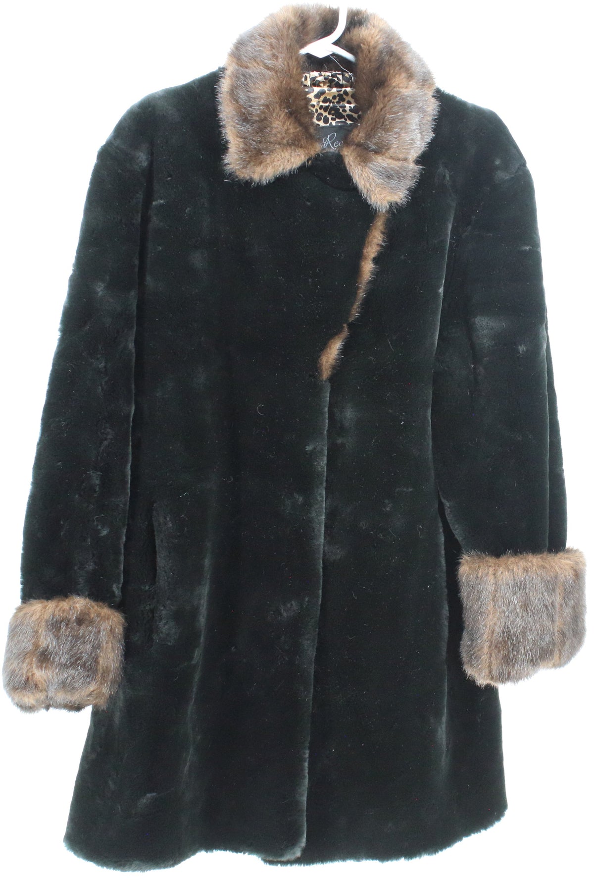 Regal Black Faux Fur Coat With Cheetah Print Lining