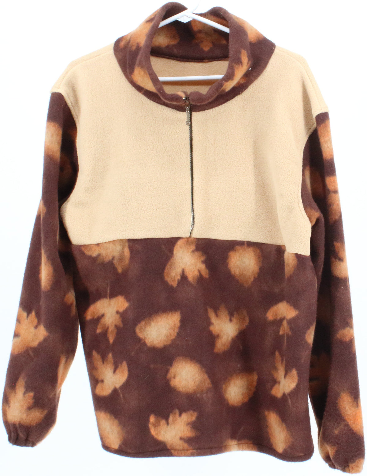 Brown and Beige Leaves Print Half Zip Fleece