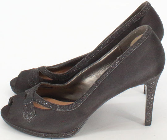 Kelly & Kati Black Satin and Glitter Peep Toe High Heels
