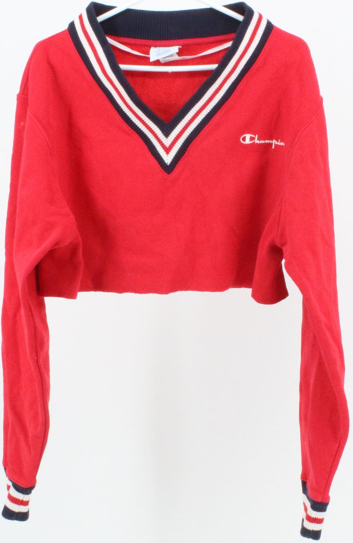 Champion Reverse Weave Red Blue and White V Neck Copped Sweatshirt