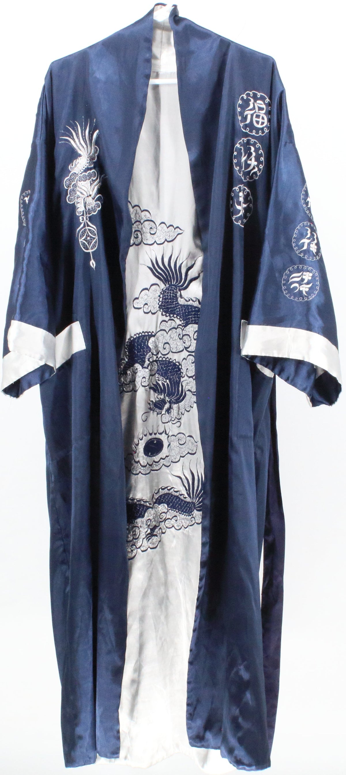 Reversible Navy Blue and White Satin Chinese Embroidered Robe