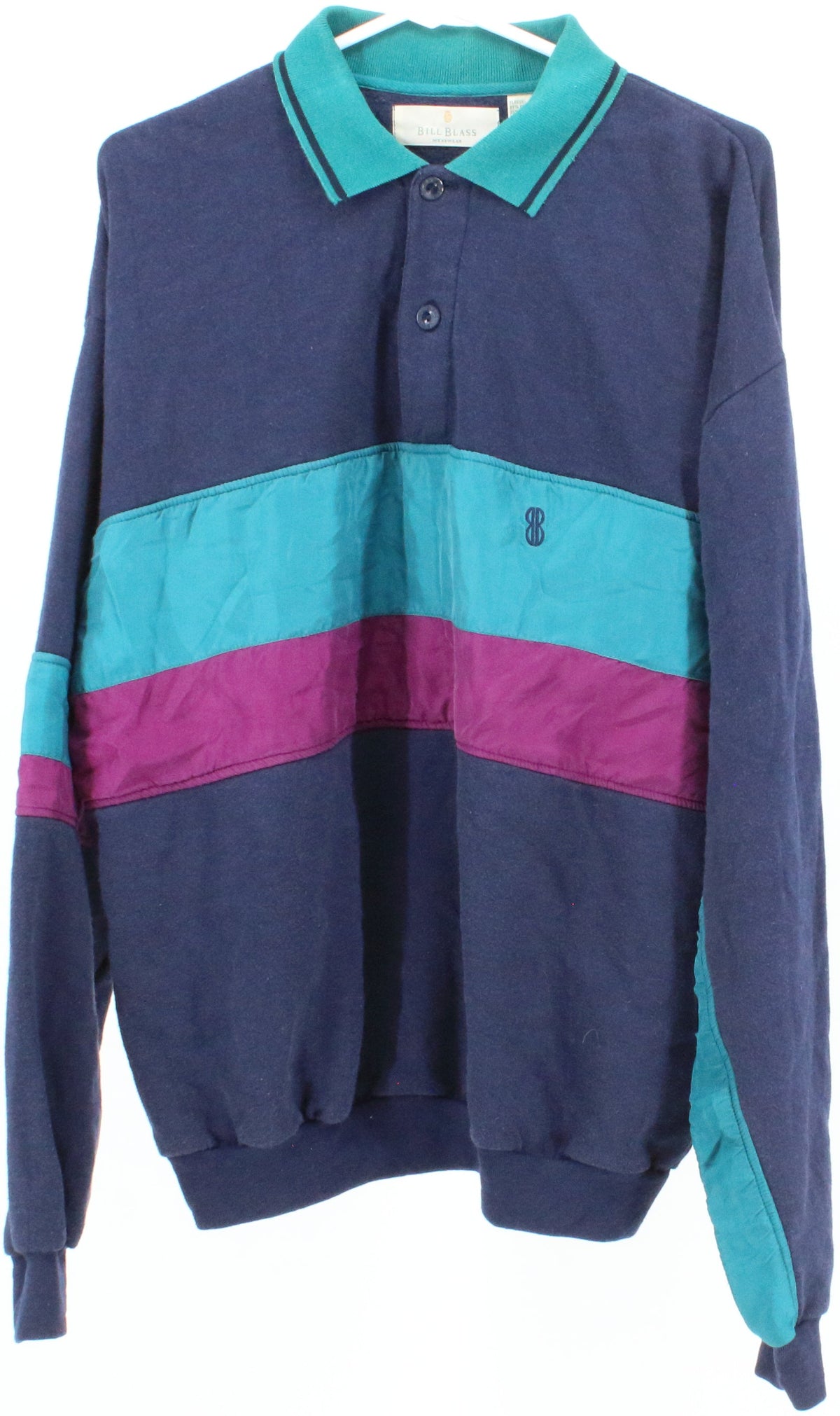 Bill Bass Navy Blue Turquoise and Pink Polo Style Sweatshirt