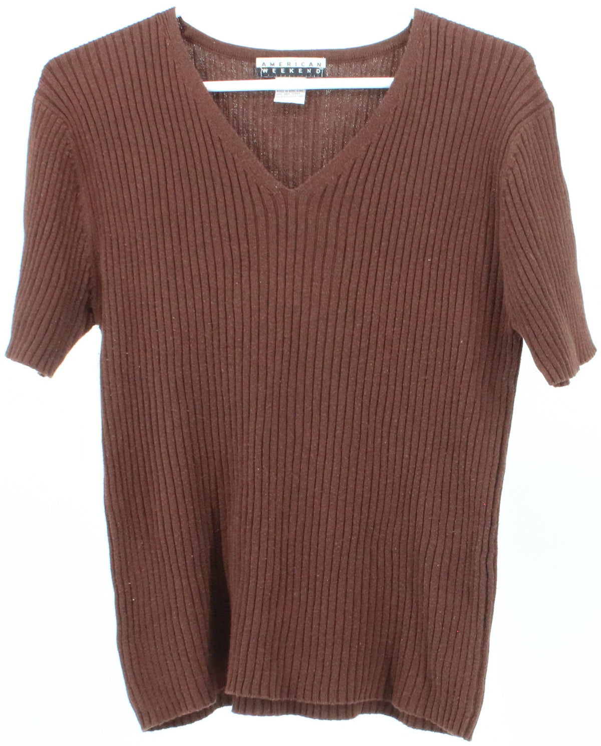 American Weekend Brown V Neck Short Sleeve Sweater