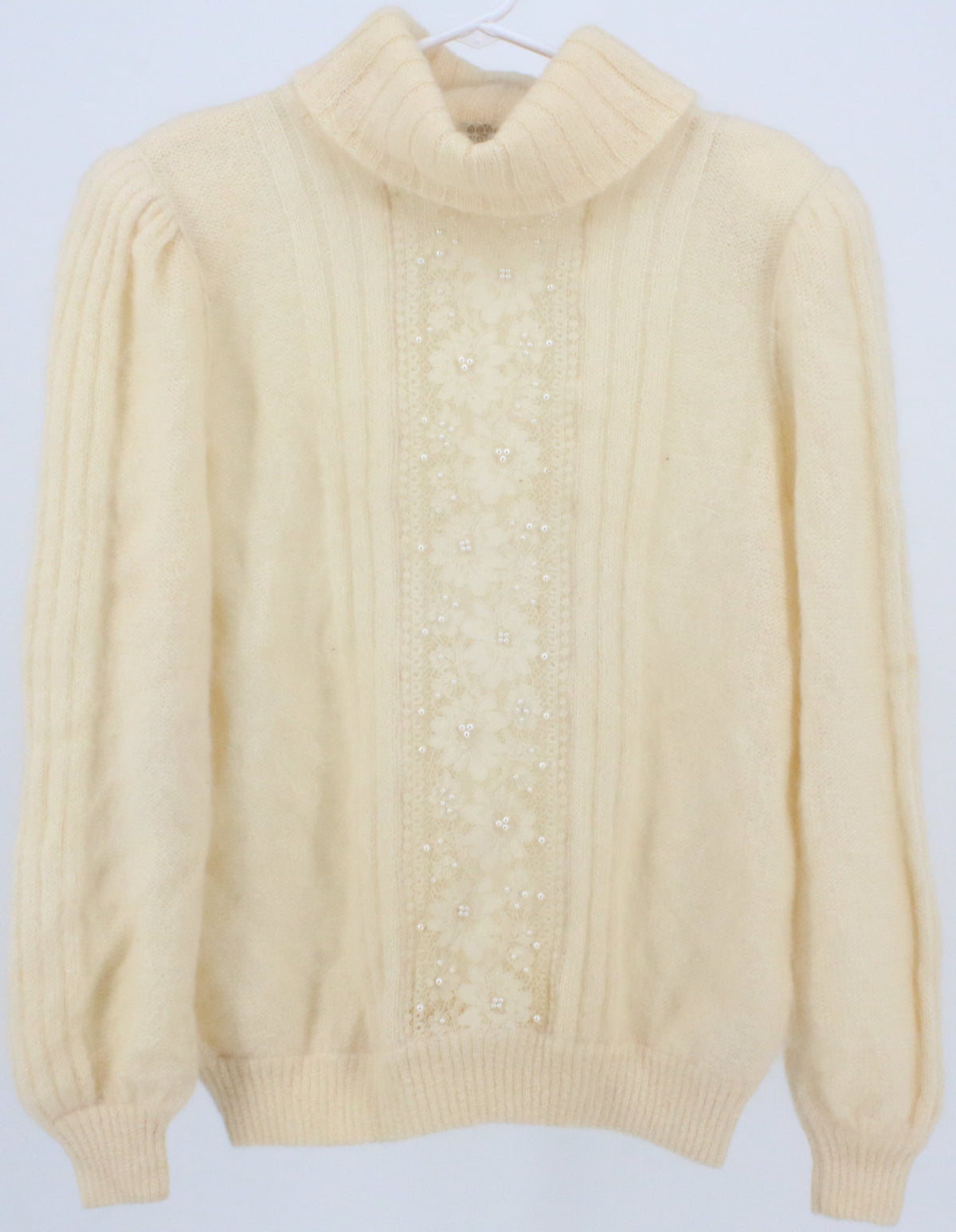 Giorgio Grati Beige Turtleneck Sweater With Front Lace and Pearls Detail